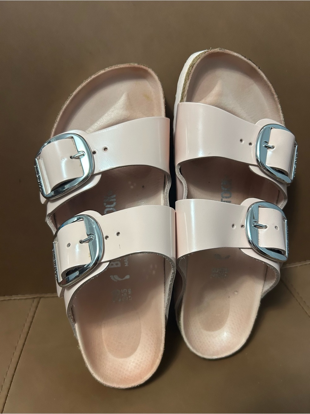 Double-Buckle Slide Sandals in Light Pink
